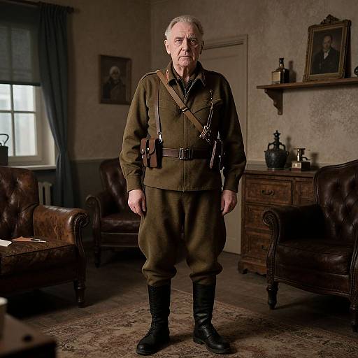 Photograph of an elderly white man with grey hair, wearing a WWII-era German military uniform, standing in a dimly lit, vintage living room with
