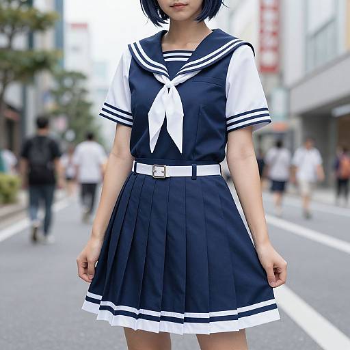 Photograph of an Asian woman in a navy blue Japanese schoolgirl uniform with white accents, standing on a busy urban street.