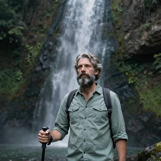 Focused Bearded Hiker at Misty Waterfall