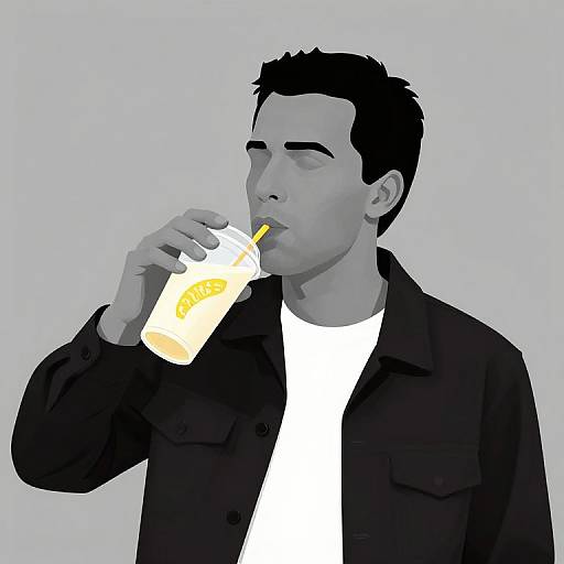 Digital illustration of a black-haired man in a black jacket, drinking from a yellow and white orange juice carton.