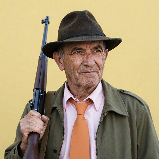 Rugged Man with Rifle on Yellow Background