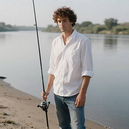 Serene Beach Scene with Fisherman