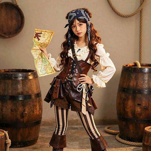 Photograph of a young girl dressed as a pirate, holding a treasure map, with a bandana, striped pants, and leather vest, standing in