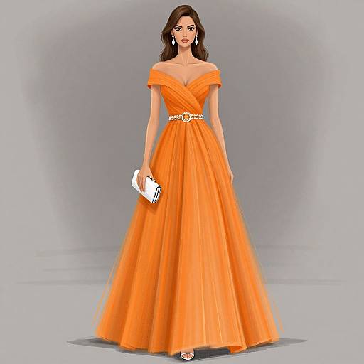 Digital illustration of a brunette woman in an off-shoulder, bright orange, floor-length gown with a gold belt, holding a white clutch, standing