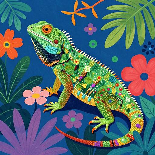Vibrant digital illustration of a colorful green iguana with yellow and red accents, surrounded by large, bright flowers and leaves against a blue background