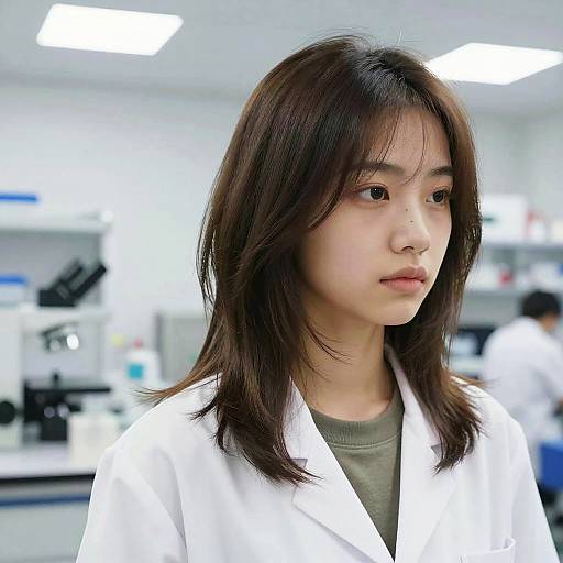 Photograph of an Asian woman with medium-length brown hair, wearing a white lab coat over a gray shirt, in a brightly lit, modern laboratory with