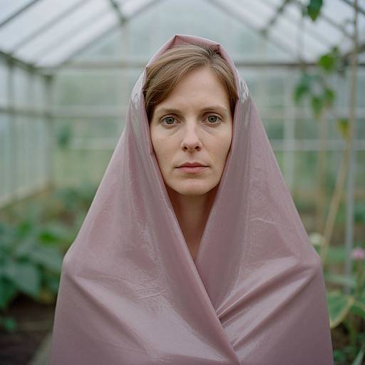 Photograph of a serious-looking woman with fair skin and brown hair, wrapped in a pinkish-purple sheet, standing in a greenhouse with blurred green plants