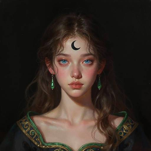 Digital painting of a fair-skinned, blue-eyed woman with long brown hair, a black crescent moon on her forehead, green earrings, and a