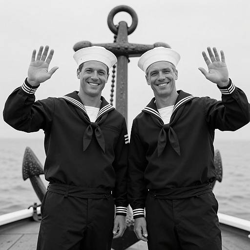 Two Male Sailors Waving in Uniform