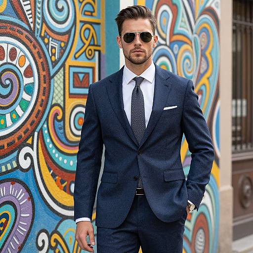 Photograph of a handsome man in a dark navy suit, white shirt, black tie, and sunglasses, standing in front of vibrant, colorful, swirling
