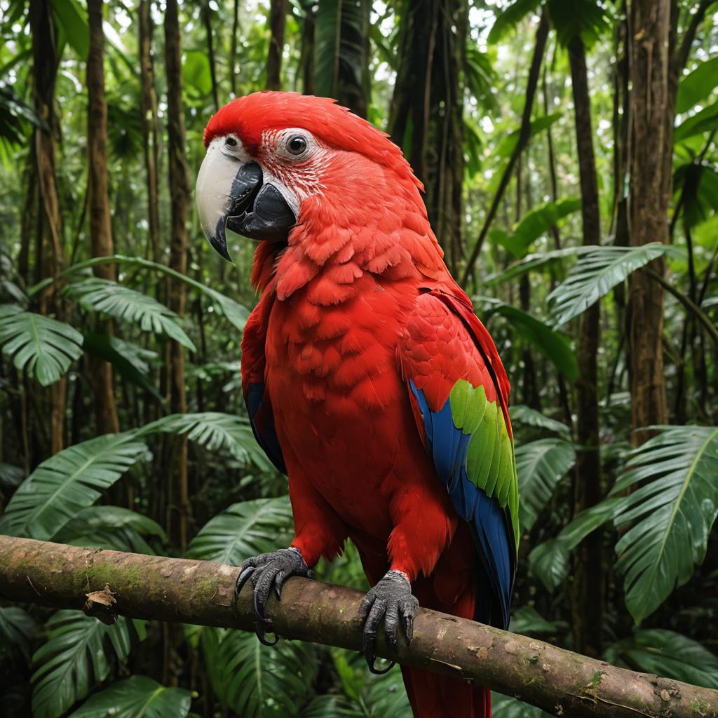 Vibrant Red Parrot in Rainforest Dawn