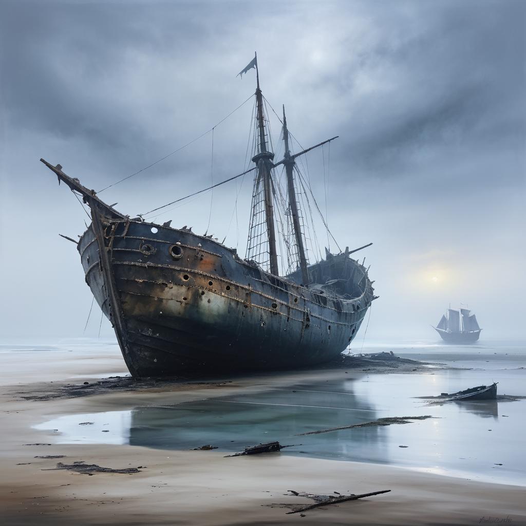 Mysterious Shipwreck at Foggy Dawn