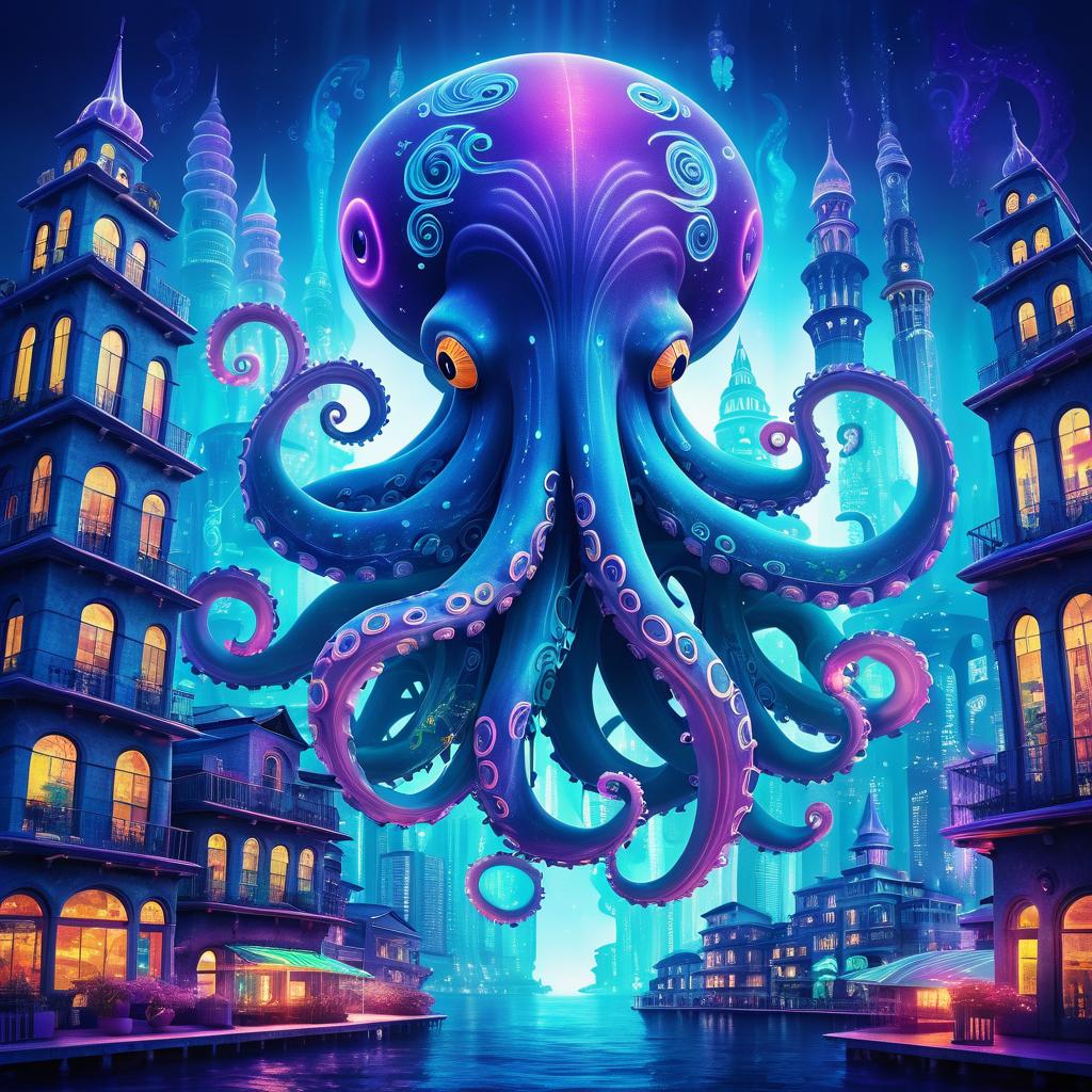 Surreal Octopus City Underwater Artwork