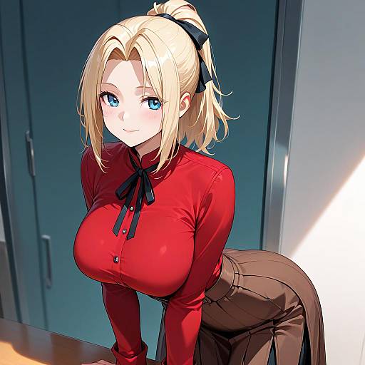 Anime-style digital illustration of a blonde woman with blue eyes, large breasts, wearing a red blouse and brown skirt, leaning forward in a modern, brightly
