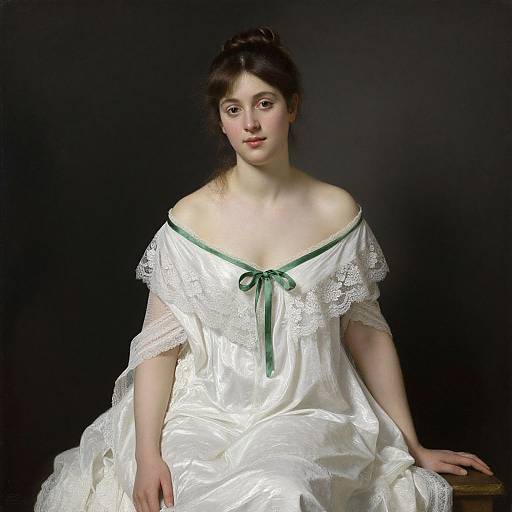 Photograph-style painting of a young Caucasian woman with fair skin, dark brown hair in an updo, wearing an off-shoulder white lace-tr