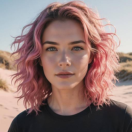Portrait of Woman with Pink Hair on Beach