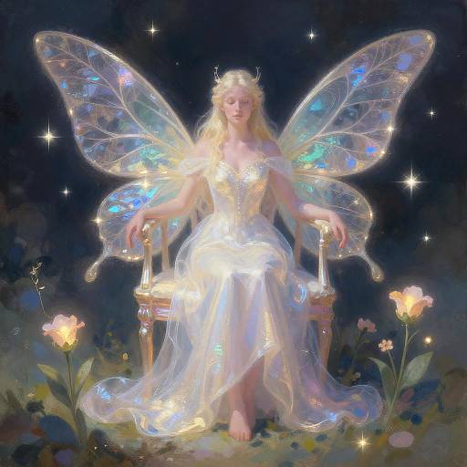 Digital painting of a glowing fairy woman with iridescent wings, sitting on a wooden chair, surrounded by illuminated flowers and stars in a dark, enchanted