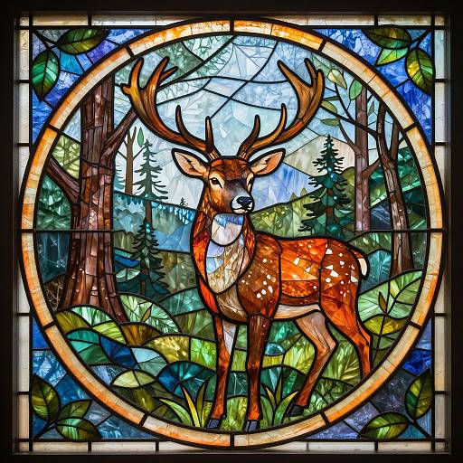 Stained glass artwork of a majestic deer with large antlers standing in a vibrant forest, framed by a circular border.