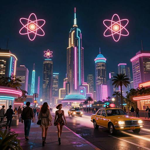Atompunk City Skyline with Neon and Hovercars