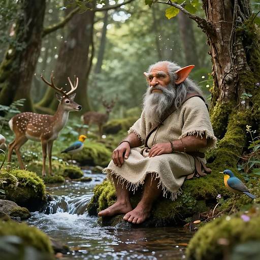 Photorealistic fantasy image of an old, bearded elf with large ears, sitting barefoot by a mossy forest stream, surrounded by deer,