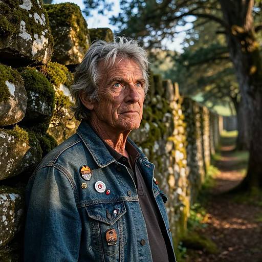 Photograph of an elderly white man with gray hair, wearing a denim jacket with buttons, standing against a moss-covered stone wall in a sunlit forest