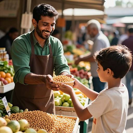 Joyful Market Exchange in Warm Sunlight