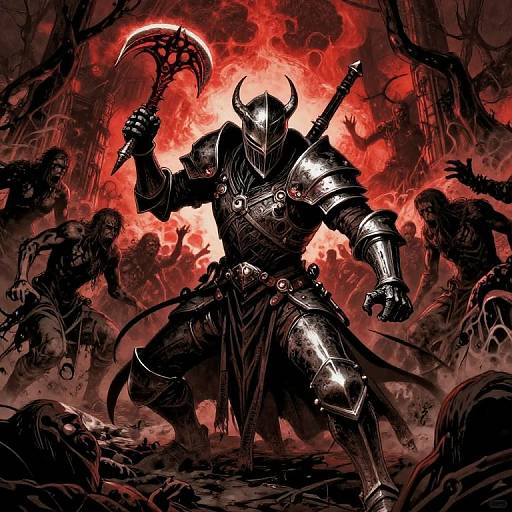 Digital art of a fierce armored warrior with a horned helmet, wielding a curved axe, surrounded by dark, undead figures in a fiery red background.