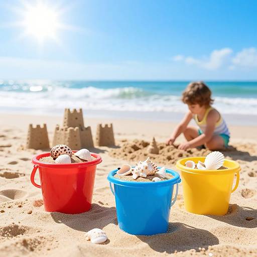 Photograph of a sunny beach, featuring three brightly colored buckets with seashells, sandcastles, and a blurry child playing in the background.
