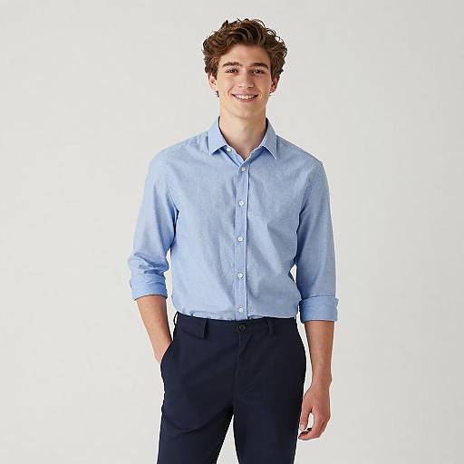 Photograph of a smiling young man with curly brown hair, wearing a light blue button-up shirt and dark navy pants, standing against a plain white background