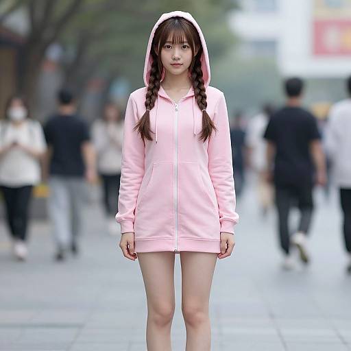 Photograph of an East Asian woman with long brown hair in braids, wearing a pink hooded sweatshirt and standing on a busy urban street,