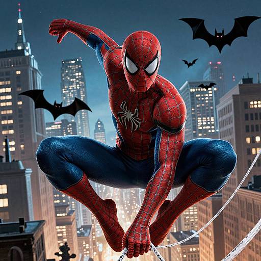 Digital art of Spider-Man-like superhero in red and blue suit, web-slinging between NYC skyscrapers at night, with bats flying.