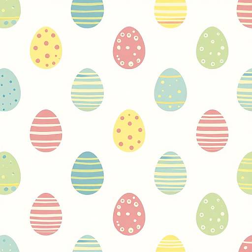 Colorful pattern of pastel Easter eggs with stripes, polka dots, and solid colors, evenly spaced on a white background. Digital illustration.