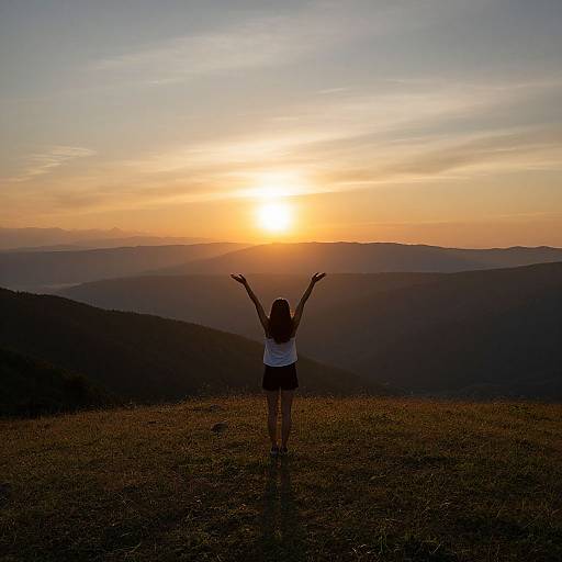 Photograph of a woman with arms raised, standing on a grassy hilltop, facing a vibrant sunset over layered mountain ranges.