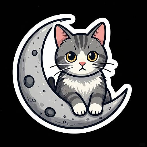 Cute digital illustration of a gray and white kitten with large yellow eyes sitting on a crescent moon against a black background.