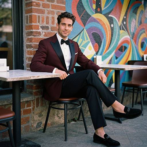 Photograph of a handsome, dark-haired man in a burgundy suit, black bow tie, and loafers, sitting casually at a brick-walled