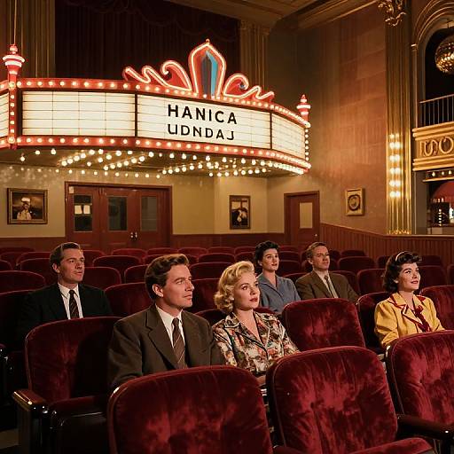 Photograph of 1950s-style movie theater with marquee reading 