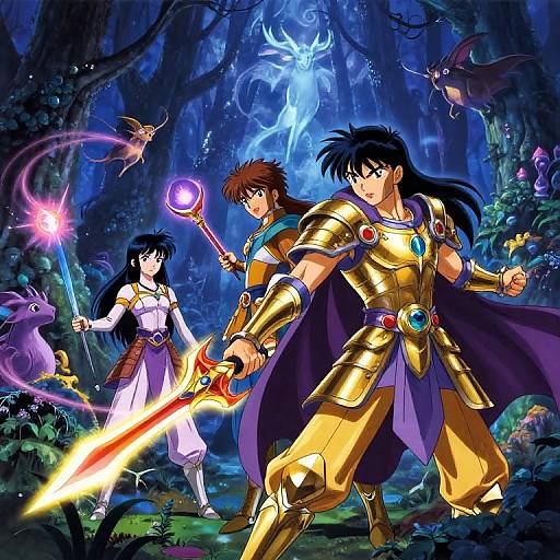Digital anime artwork of two male warriors in golden armor, holding glowing swords, flanked by a female mage and magical creatures in a vibrant, mystical forest