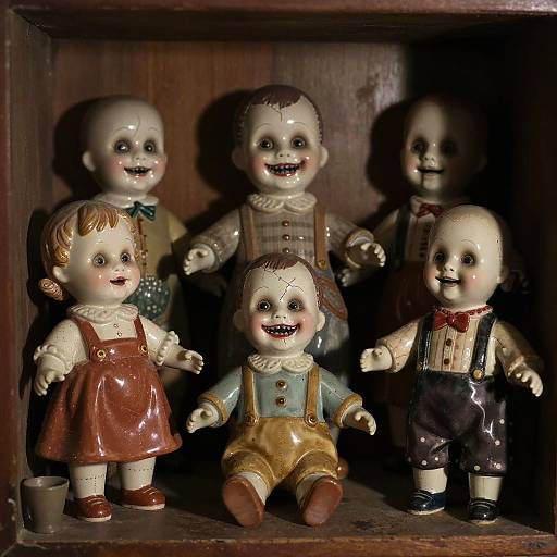 Photograph of six antique porcelain doll children with painted smiles, various outfits, and colorful details, arranged in a wooden display case.