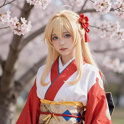 Anime Cosplay in Kimono with Cherry Blossoms