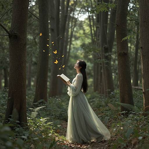 Photograph of a woman in a flowing white dress, standing in a sunlit forest, gently releasing glowing orange butterflies from a book.