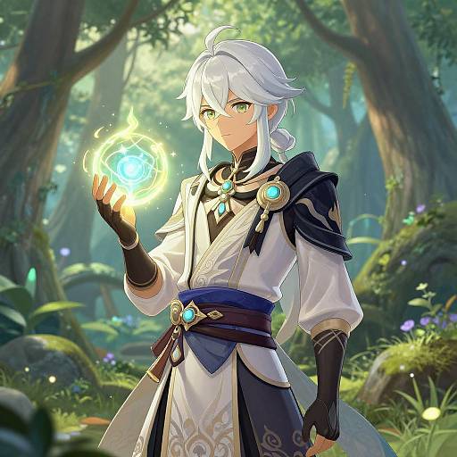 White-Haired Genshin-Style Mystic Adventurer