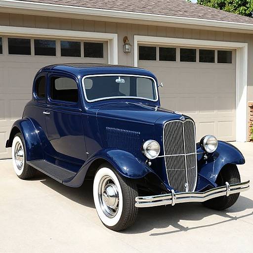 Photograph of a polished, dark blue vintage 1930s car with white-walled tires, chrome grille, and headlamps, parked in