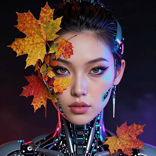 Digital portrait of an East Asian woman with cybernetic enhancements, surrounded by colorful autumn leaves, against a dark, futuristic background.