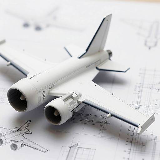 Photograph of a white, detailed model airplane with two engines, resting on blueprints, showing technical schematics and engineering drawings.