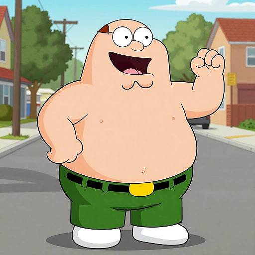 Cartoon of a chubby, bald, shirtless man with glasses, green pants, and white shoes, waving on a suburban street.