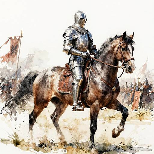 Watercolor-style painting of a knight in silver armor riding a brown horse, with a blurred, colorful medieval background. Dynamic, energetic scene.