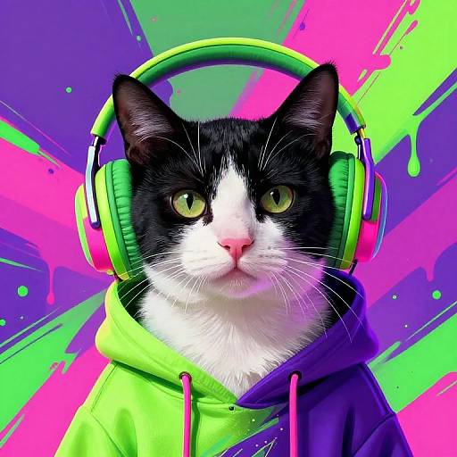 Neon Tuxedo Cat with Headphones