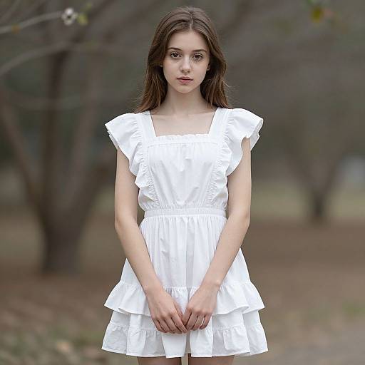 Realistic Girl in White Ruffle Dress