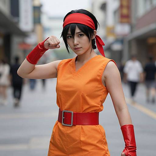 Photograph of an Asian woman in an orange Saiyan outfit with red headband, gloves, and belt, flexing her right arm on a busy