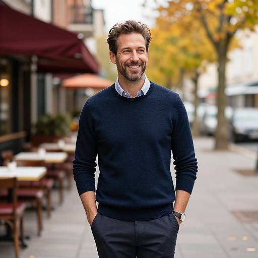 Photograph of a smiling, bearded man with short brown hair, wearing a navy sweater over a white shirt, standing on a sunny urban street with